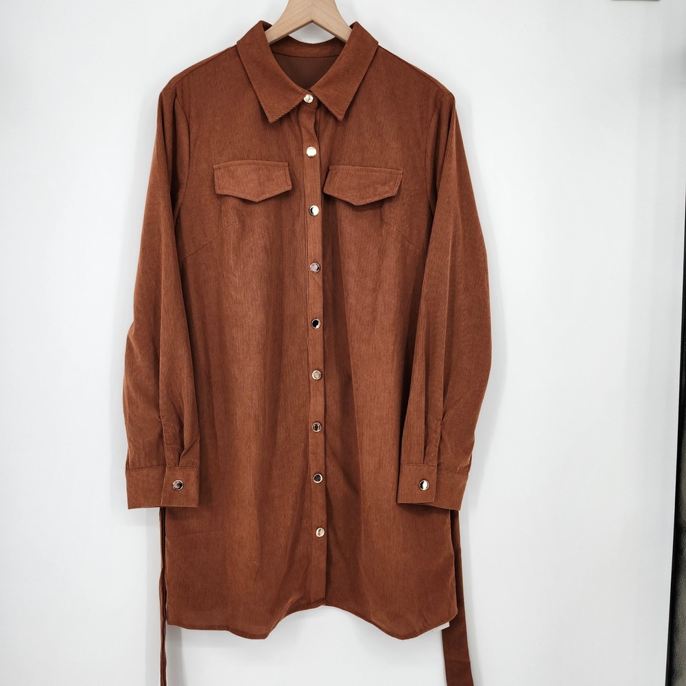 Cupshe NWT Brown Belted Corduroy Mini Dress Womens Large Earthy Indie Downtown - Picture 2 of 8